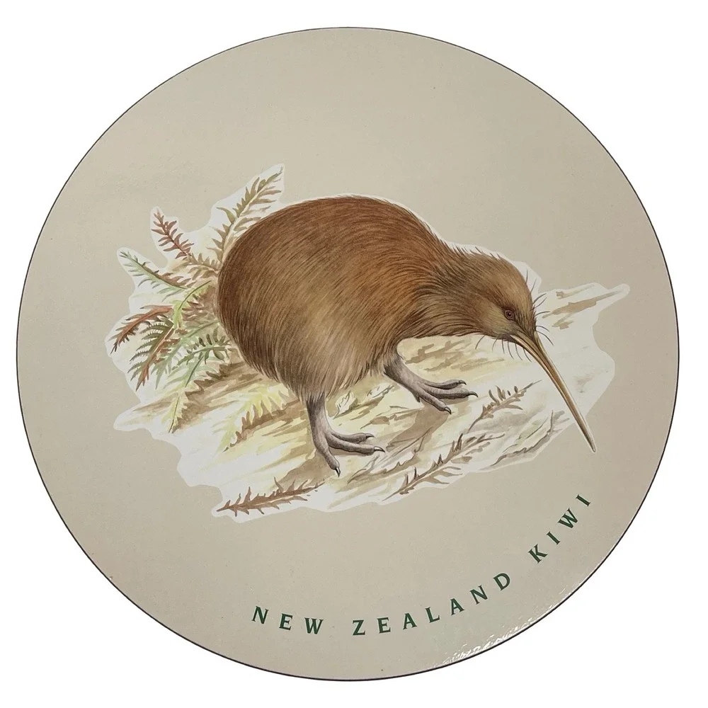Vintage New Zealand Kiwi Bird Round Cork Backed Placemat Trivet Beige Green Art